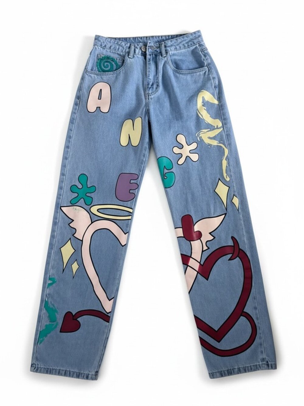 Daisy Street ANGEL Graphic Jeans – Light Wash – US 5 – Painted Streetwear Denim